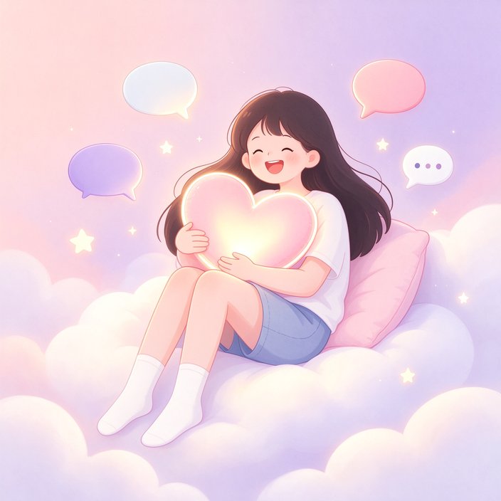 ai伙伴 产品插画：女孩怀抱发光的爱心坐在云朵上，身边围绕聊天气泡